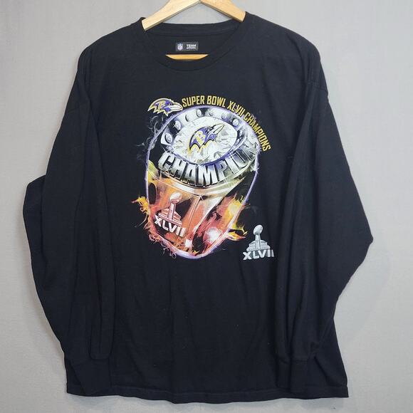 NFL Superbowl 47 Ravens Champions Custom Graphic T-Shirt Men's Sz XL Long Sleeve - Picture 2 of 5